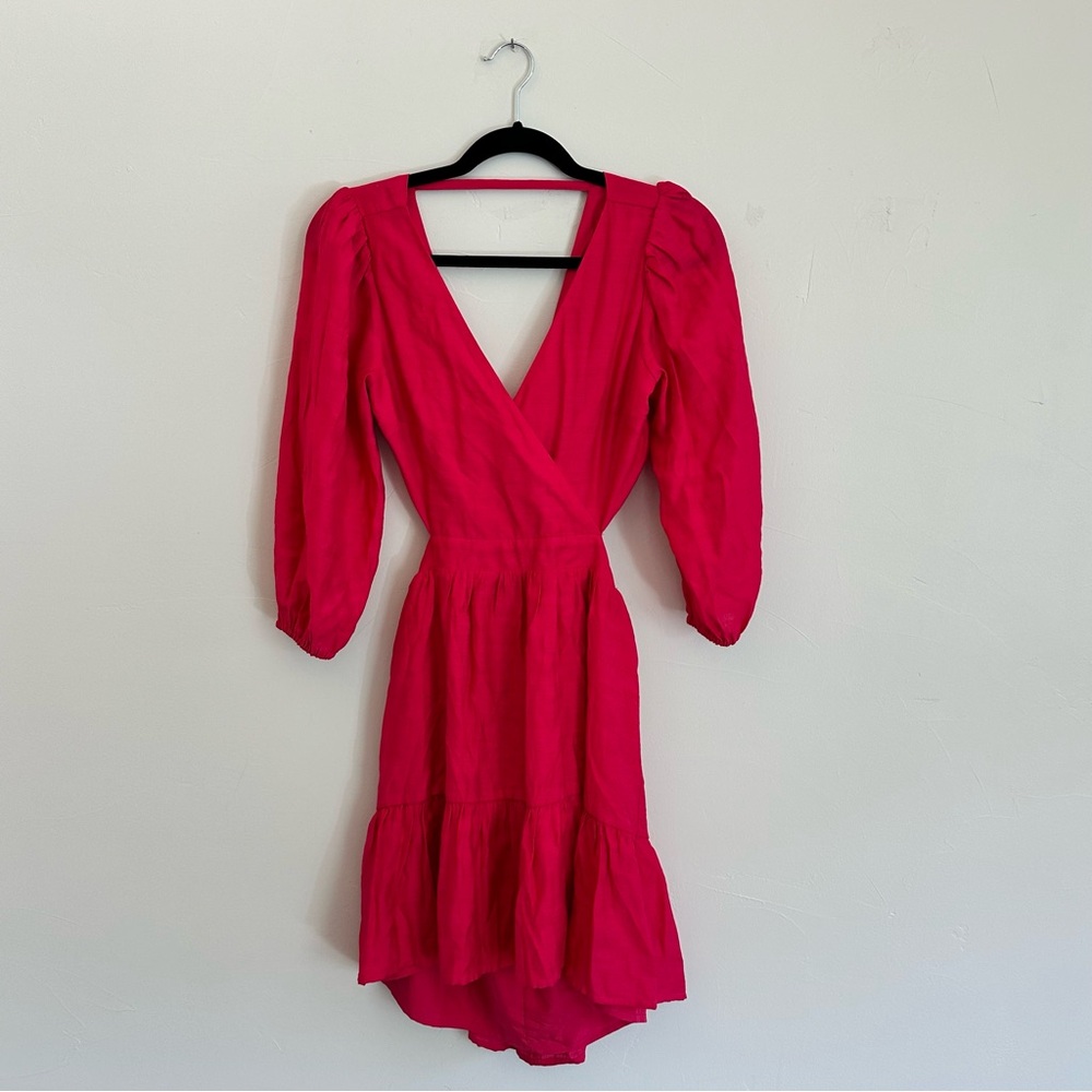 Express Hot Pink Wrap Dress XS - V-Neck, Long Sleeves, Ruffle Hem